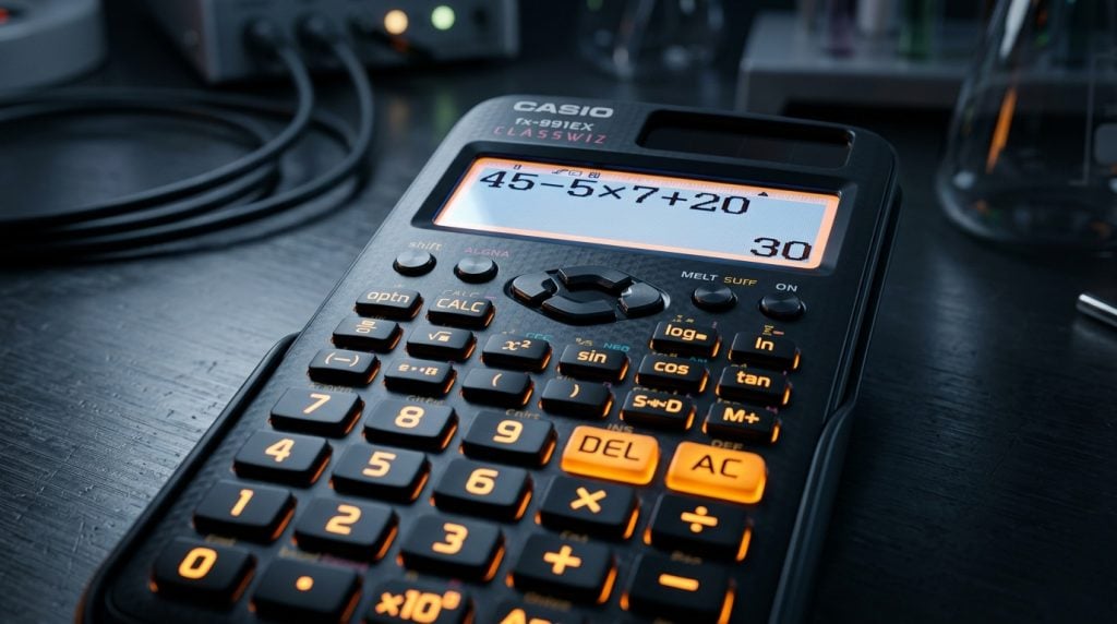 Calculadora científica exibindo a expressão matemática 45 - 5 × 7 + 20 com resultado 30 na tela.