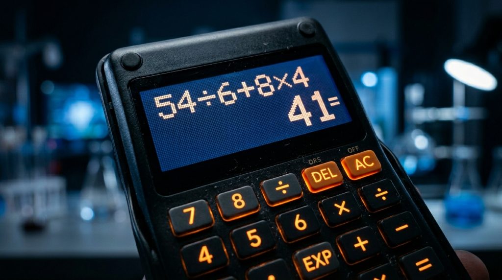 Calculadora exibindo a expressão matemática 54 ÷ 6 + 8 × 4 com resultado 41 na tela.