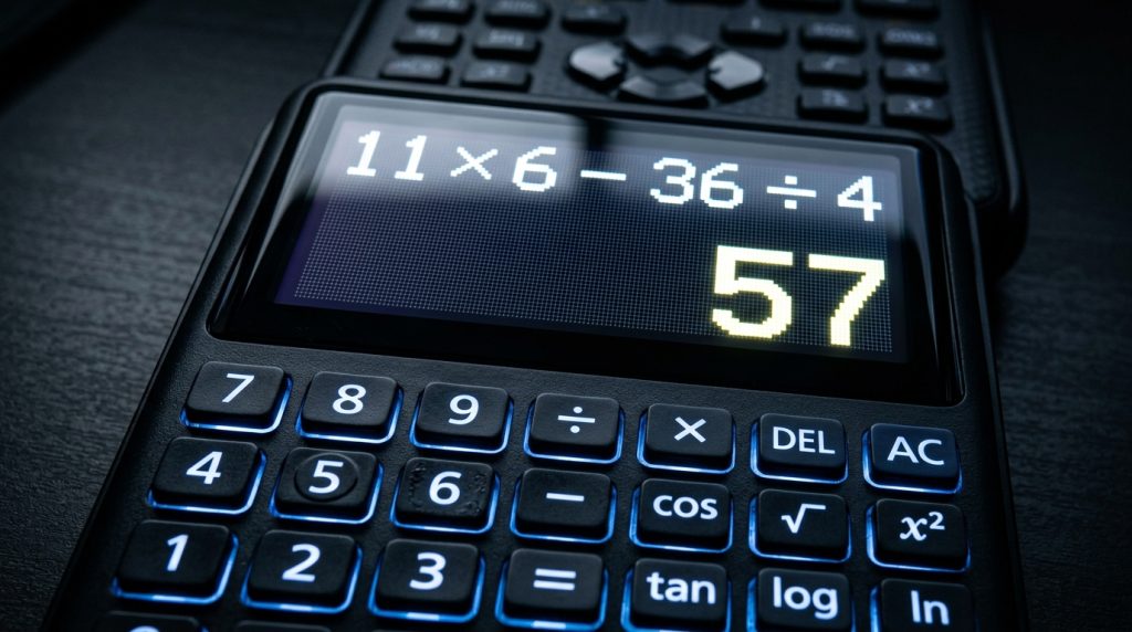 Calculadora científica exibindo a expressão matemática 11 × 6 - 36 ÷ 4 com resultado 57 na tela.