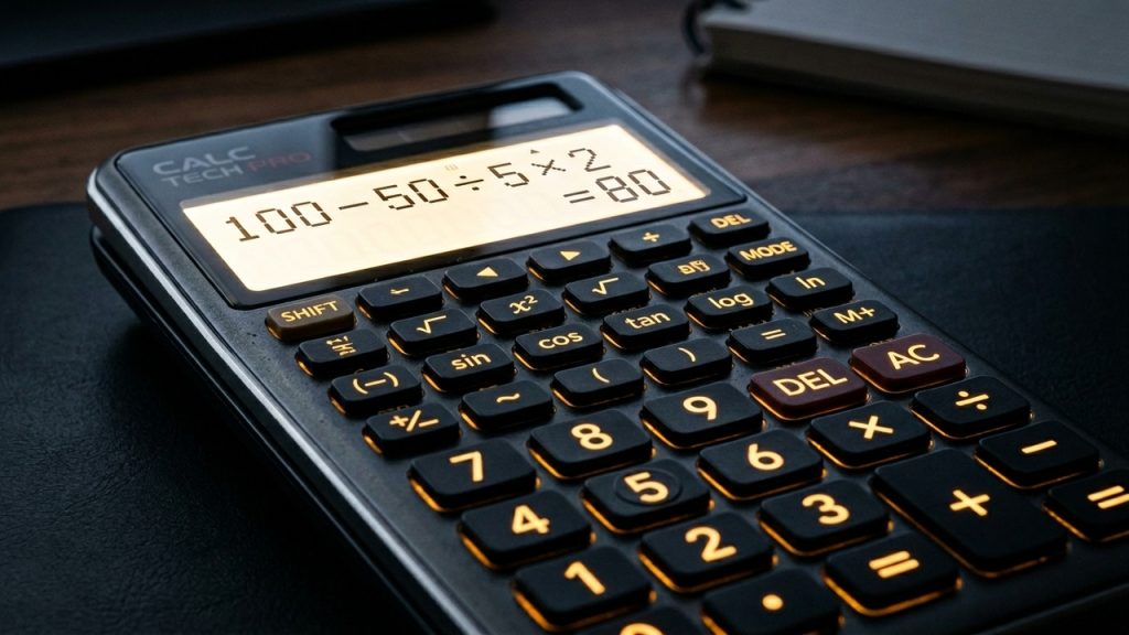 Calculadora científica sobre mesa exibindo a expressão 100 - 50 ÷ 5 × 2 = 80 na tela.
