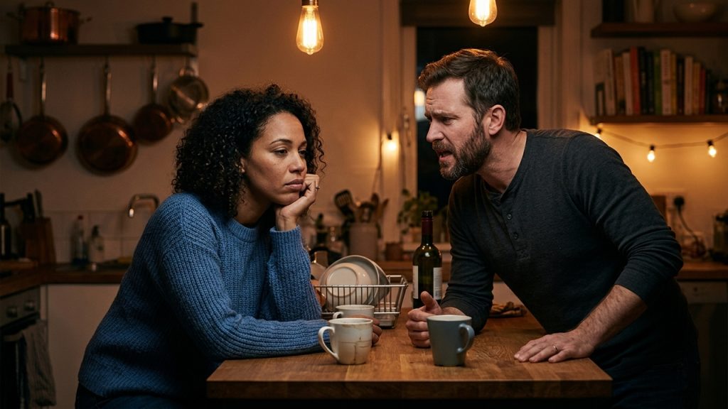 Casal em discussão na cozinha, com mulher sentada em silêncio e homem falando em tom sério à mesa.