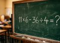 Quadro verde em sala de aula com a expressão matemática 11 × 6 - 36 ÷ 4 = ? escrita em giz branco.