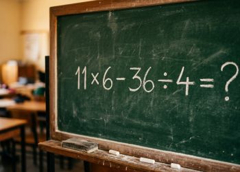 Quadro verde em sala de aula com a expressão matemática 11 × 6 - 36 ÷ 4 = ? escrita em giz branco.