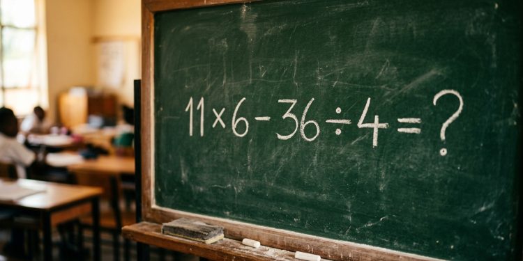 Quadro verde em sala de aula com a expressão matemática 11 × 6 - 36 ÷ 4 = ? escrita em giz branco.