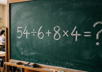 Quadro verde em sala de aula com a expressão matemática 54 ÷ 6 + 8 × 4 = ? escrita em giz branco.