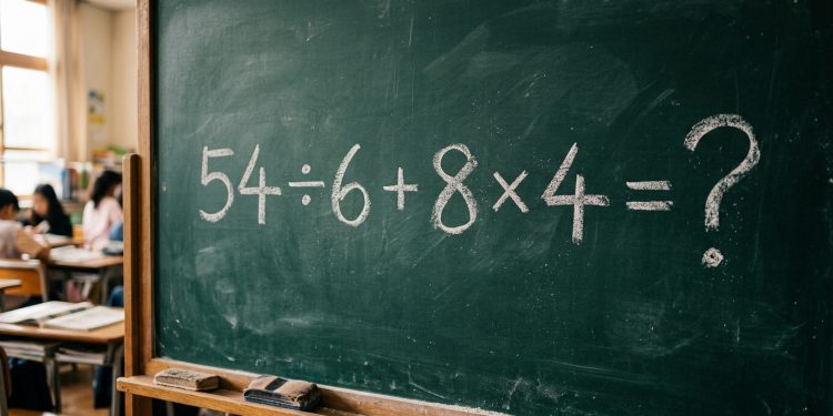 Quadro verde em sala de aula com a expressão matemática 54 ÷ 6 + 8 × 4 = ? escrita em giz branco.