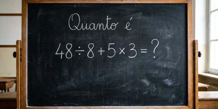 Quadro-negro escolar com a pergunta escrita em giz: Quanto é 48 ÷ 8 + 5 x 3 = ?