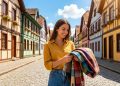 Mulher segura peça de artesanato em rua de cidade catarinense com casas coloridas em estilo enxaimel e calçamento de pedra.