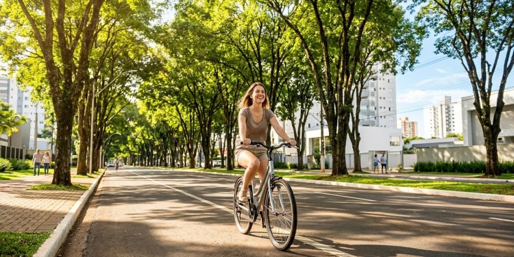Mulher anda de bicicleta em avenida arborizada de cidade planejada, com prédios residenciais e calçadas amplas ao fundo.