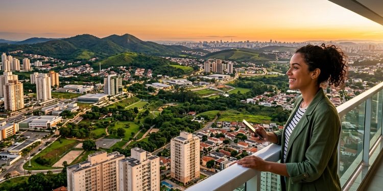 Mulher observa cidade arborizada do alto de uma varanda, com prédios, bairros residenciais, áreas verdes e pôr do sol ao fundo.