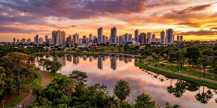 Vista panorâmica de cidade com prédios refletidos em lago, parque arborizado, pistas de caminhada e céu colorido ao pôr do sol.