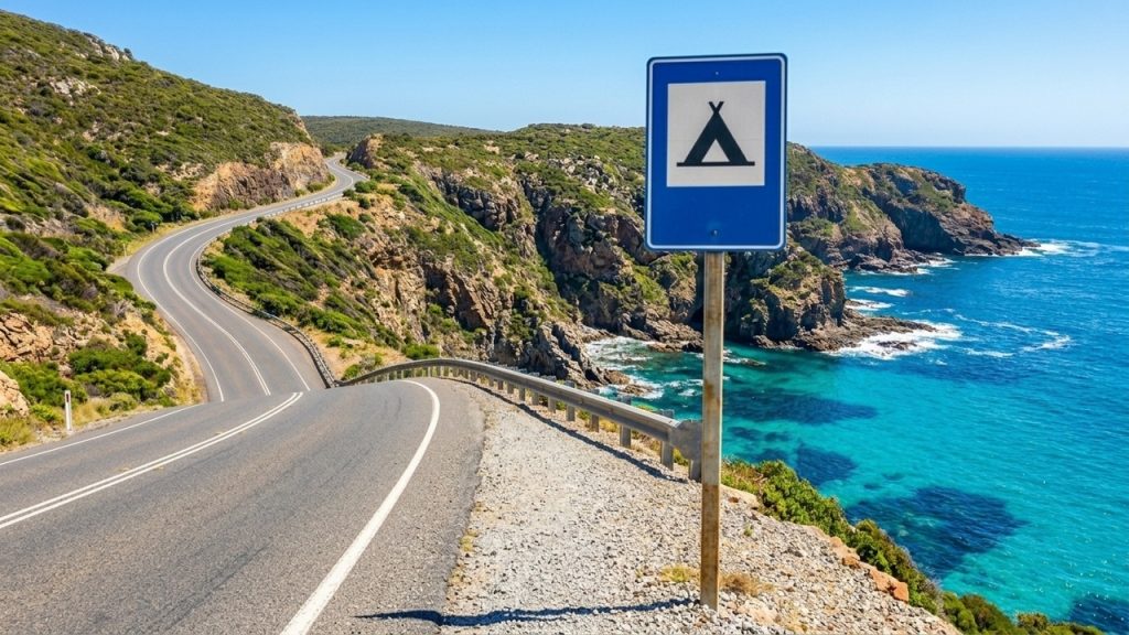 Placa azul de área de camping em estrada costeira, com mar azul, falésias, vegetação e curva de rodovia ao fundo.