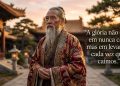 Representação artística de um sábio em templo oriental ao lado da frase “A glória não está em nunca cair, mas em levantar cada vez que caímos”.