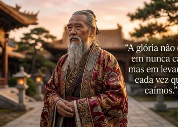 Representação artística de um sábio em templo oriental ao lado da frase “A glória não está em nunca cair, mas em levantar cada vez que caímos”.