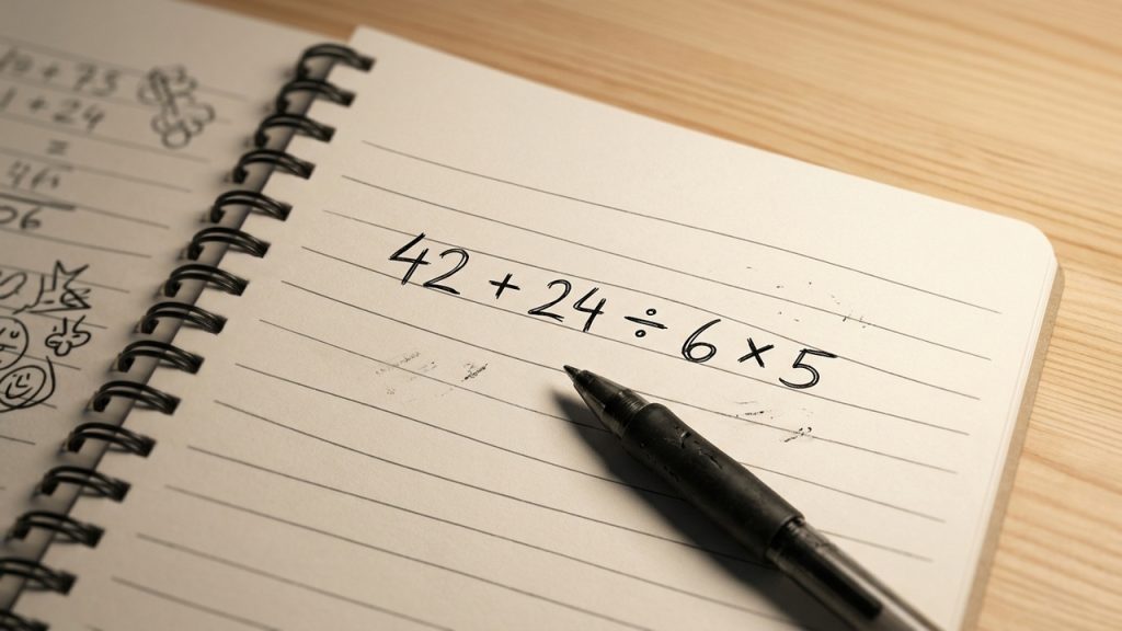 Expressão matemática 42 + 24 ÷ 6 × 5 escrita em um caderno pautado, com caneta preta sobre a página em uma mesa de madeira.