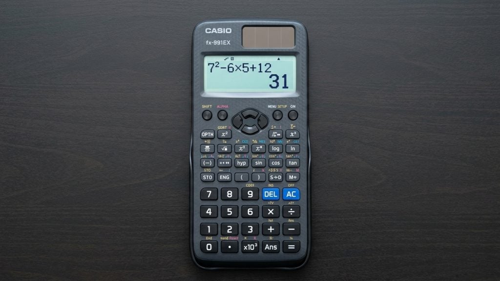 Calculadora científica mostra a expressão matemática 7² - 6 × 5 + 12 com resultado 31 na tela.