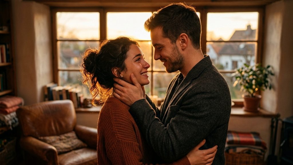 Casal sorri em momento de carinho dentro de casa, com luz dourada do pôr do sol entrando pela janela ao fundo.
