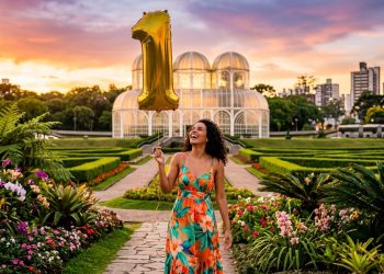Mulher segura balão dourado em formato de número 1 em jardim florido, com estufa de vidro e paisagem urbana ao fundo.