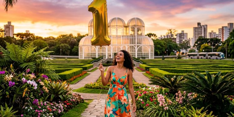 Mulher segura balão dourado em formato de número 1 em jardim florido, com estufa de vidro e paisagem urbana ao fundo.