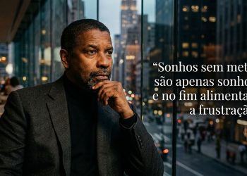 Homem pensativo em ambiente urbano, sentado perto de uma janela, ao lado da frase “Sonhos sem metas são apenas sonhos, e no fim alimentam a frustração”.