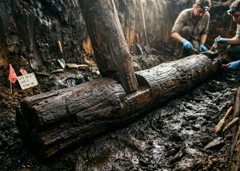 Arqueólogos escavam troncos de madeira antigos em solo úmido, com ferramentas, marcações de campo e estrutura preservada no sítio arqueológico.