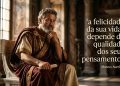 Ilustração de Marco Aurélio em traje romano, sentado em ambiente clássico, ao lado da frase atribuída a ele: “a felicidade da sua vida depende da qualidade dos seus pensamentos”.