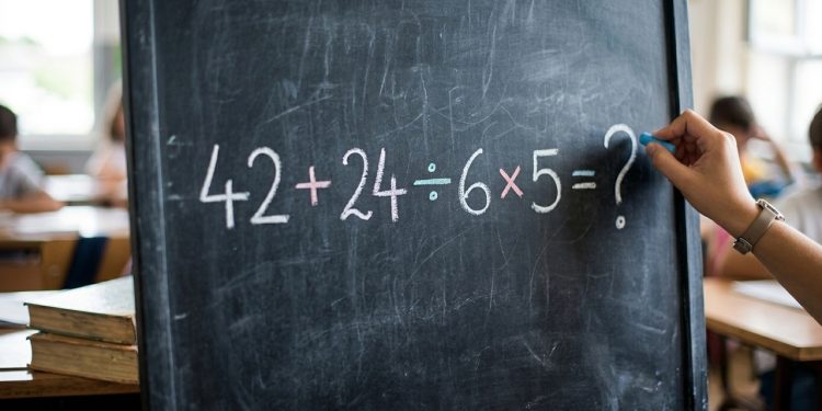 Expressão matemática 42 + 24 ÷ 6 × 5 = ? escrita em uma lousa escolar, com mão segurando giz e sala de aula ao fundo.