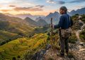 Viajante com bastão observa uma paisagem de montanhas e terraços verdes ao pôr do sol.