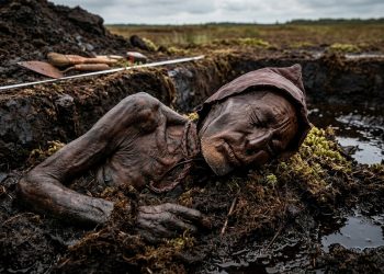 Ilustração mostra um corpo de pântano preservado em uma turfeira, parcialmente exposto durante escavação arqueológica em área úmida.