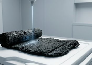 Rolo de papiro carbonizado sendo analisado em laboratório com equipamento de escaneamento, em cena ligada aos papiros de Herculano e à leitura de textos antigos.