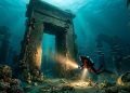 Mergulhador explora ruínas submersas com aparência de templo antigo, cercado por colunas, corais e objetos dourados no fundo do mar.