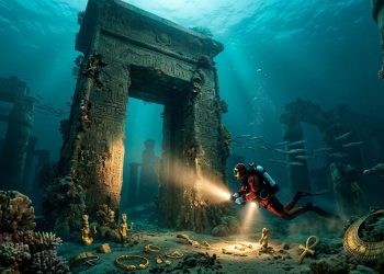 Mergulhador explora ruínas submersas com aparência de templo antigo, cercado por colunas, corais e objetos dourados no fundo do mar.