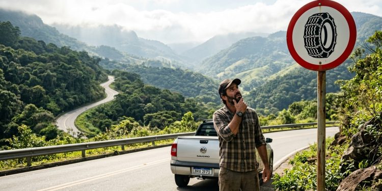 Motorista observa placa de trânsito com símbolo de pneu com correntes em estrada de serra, ao lado de uma caminhonete em paisagem montanhosa.