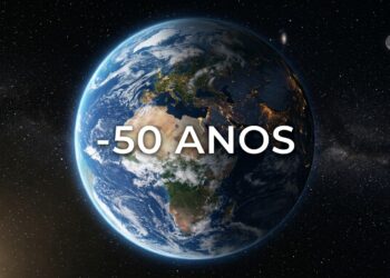 Visão realista do planeta Terra flutuando no espaço sideral, mostrando o continente africano e europeu iluminados pelas luzes das cidades durante a noite. Bem no centro, letras grandes e brancas formam o texto "-50 ANOS".