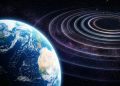 Representação artística da Terra vista do espaço com ondas circulares simbolizando sinais de rádio ou emissões vindas do universo.