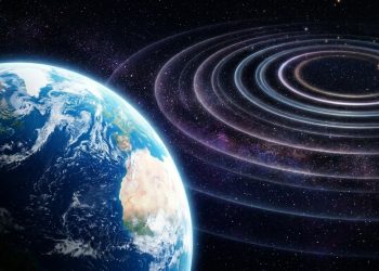 Representação artística da Terra vista do espaço com ondas circulares simbolizando sinais de rádio ou emissões vindas do universo.