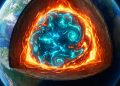 Ilustração mostra corte da Terra com núcleo brilhante em destaque, cercado por camadas internas incandescentes e superfície do planeta ao fundo.