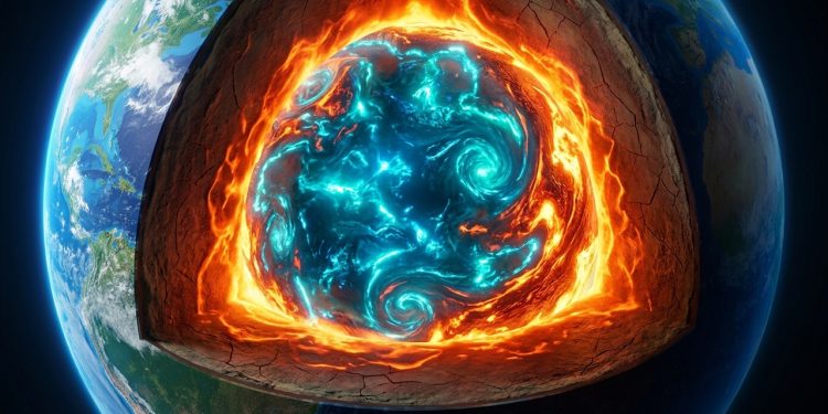 Ilustração mostra corte da Terra com núcleo brilhante em destaque, cercado por camadas internas incandescentes e superfície do planeta ao fundo.