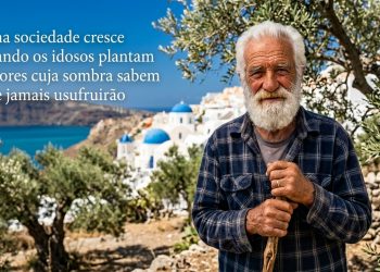 Homem idoso em olival, com paisagem mediterrânea ao fundo, ao lado da frase sobre plantar árvores para as futuras gerações.