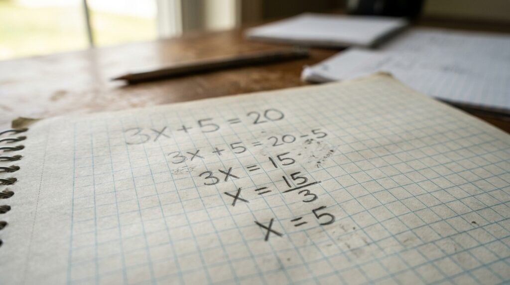 Página de um caderno escolar de folhas quadriculadas sobre uma mesa de madeira. Nela, vemos a resolução passo a passo da equação "3X + 5 = 20" escrita a lápis, culminando no resultado "X = 5". Há leves marcas de borracha na folha indicando o processo de estudo.