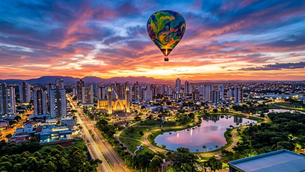 Balão de ar quente sobrevoa cidade ao entardecer, com prédios, lago, áreas verdes e catedral iluminada em destaque.