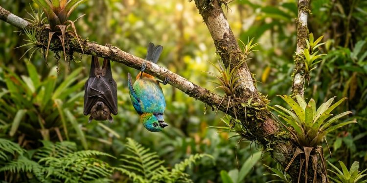 Morcego e ave colorida pendurados de cabeça para baixo em galho de árvore em floresta tropical com bromélias e vegetação densa.