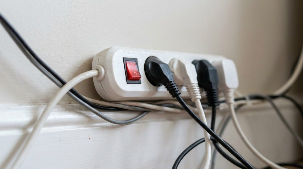 Filtro de linha branco posicionado rente a um rodapé claro, com quatro plugues de diferentes aparelhos conectados e fios pendurados. O botão interruptor vermelho do filtro encontra-se na posição de ligado.