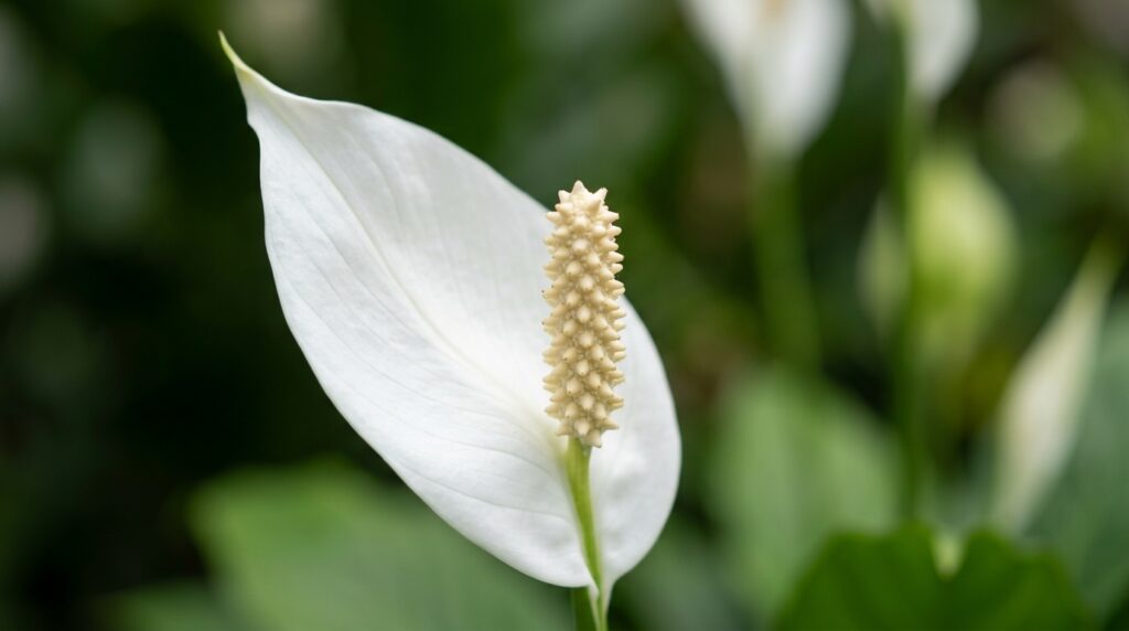 Fotografia em close-up focada na flor do Lírio da Paz, destacando a espádice texturizada em tom creme no centro, envolvida por uma bráctea branca lisa e pontiaguda, contra um fundo verde desfocado.