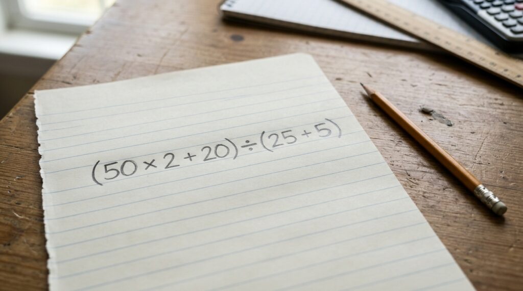 Desafio de matemática: quanto é (50 x 2 + 20) ÷ (25 + 5)?