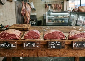 Peças frescas de carne bovina alinhadas sobre uma grossa mesa de madeira rústica em um açougue. À frente de cada peça, uma placa de madeira indica o corte: Contrafilé, Patinho, Coxão Mole e Maminha. Carnes penduradas aparecem desfocadas ao fundo.