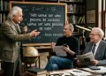 Três homens conversam em uma biblioteca, diante de um quadro com fórmulas e uma frase motivacional sobre sucesso e valor.