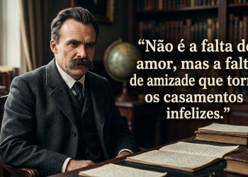 Homem em biblioteca clássica aparece ao lado de frase em português sobre amizade, amor e casamentos infelizes.