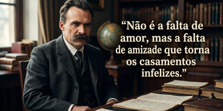 Homem em biblioteca clássica aparece ao lado de frase em português sobre amizade, amor e casamentos infelizes.