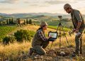 Geólogos analisam dados em campo com equipamentos de medição, laptop e sensores em uma paisagem rural com colinas ao fundo.